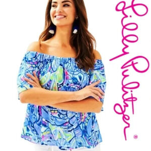 Lilly Pulitzer Sain Blue Peri in “Pinch Pinch” Print Off The Shoulder Top Sz. XS